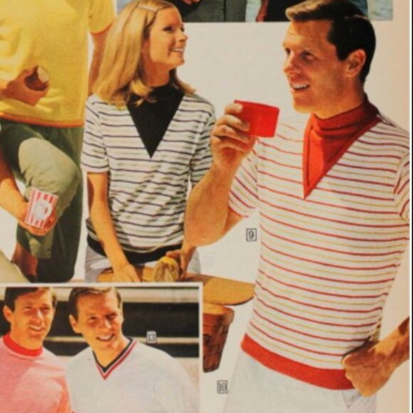 Vintage 1960s Yellow Mock Neck V Neck T-Shirt with Striped Detail - Picture 1 of 5